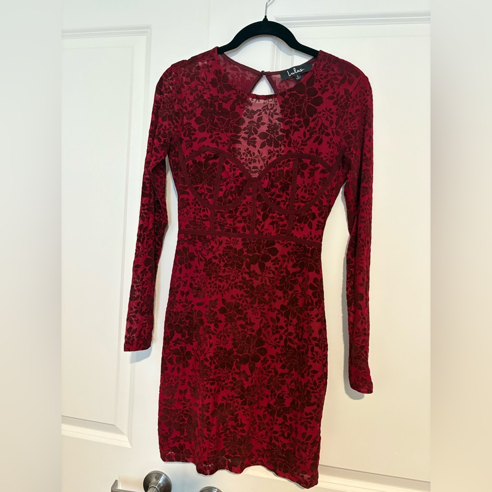 Lulu's Deep Red Floral Long Sleeve Dress